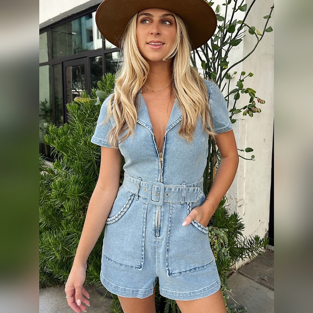 Show Me Your MuMu Denim Belted Romper